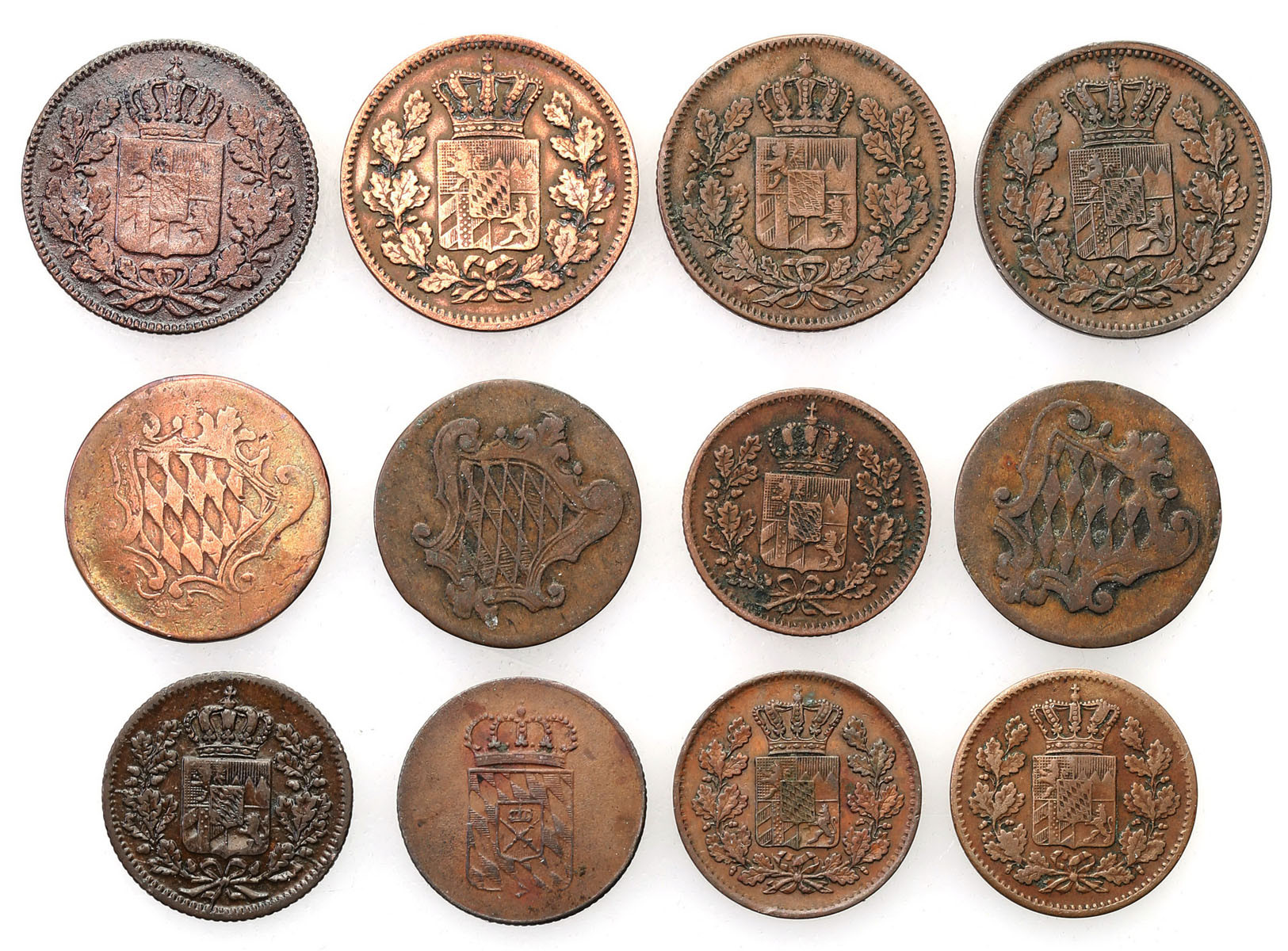 Niemcy, Bawaria. 1/2 do 2 fenigów 1795-1868, Monachium, zestaw 12 monet